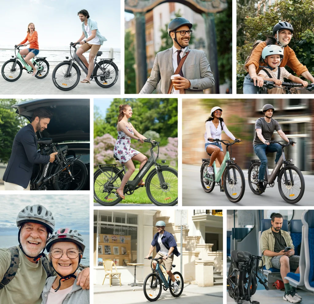 Des cyclistes de tous âges sur des vélos électriques HillMiles, en ville et en balade