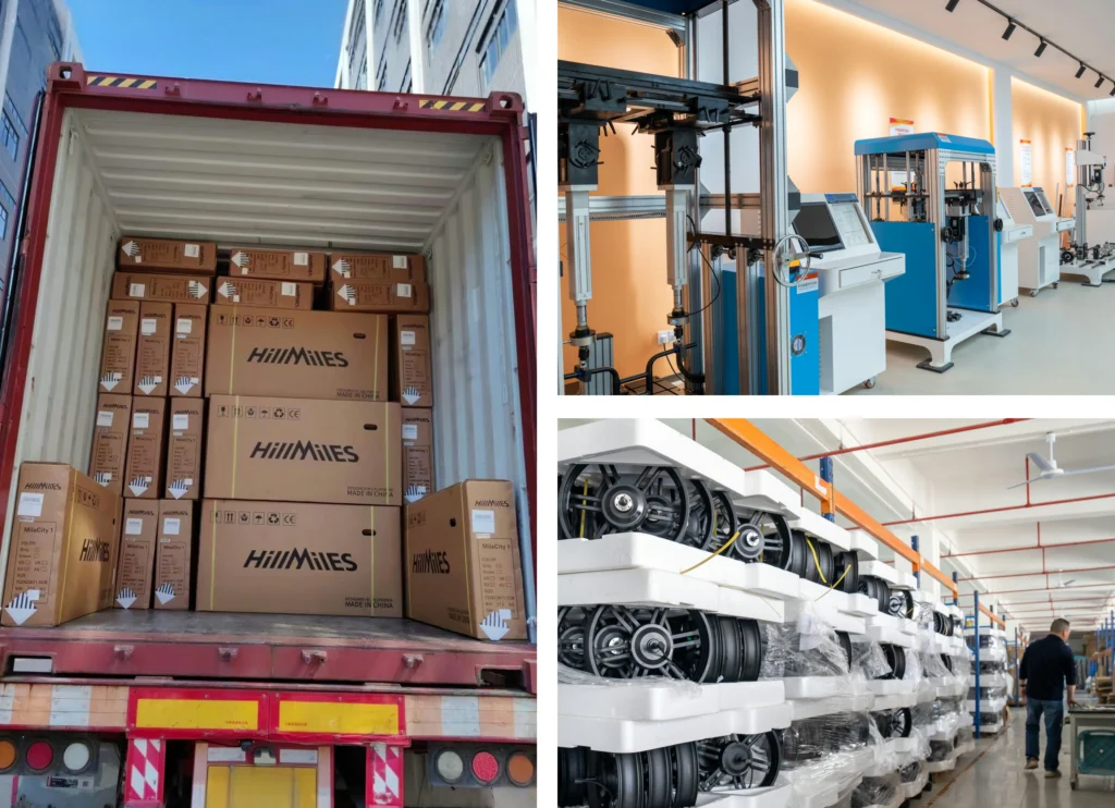 Des cartons HillMiles chargés dans un conteneur, un banc d’essai et des roues prêtes à partir